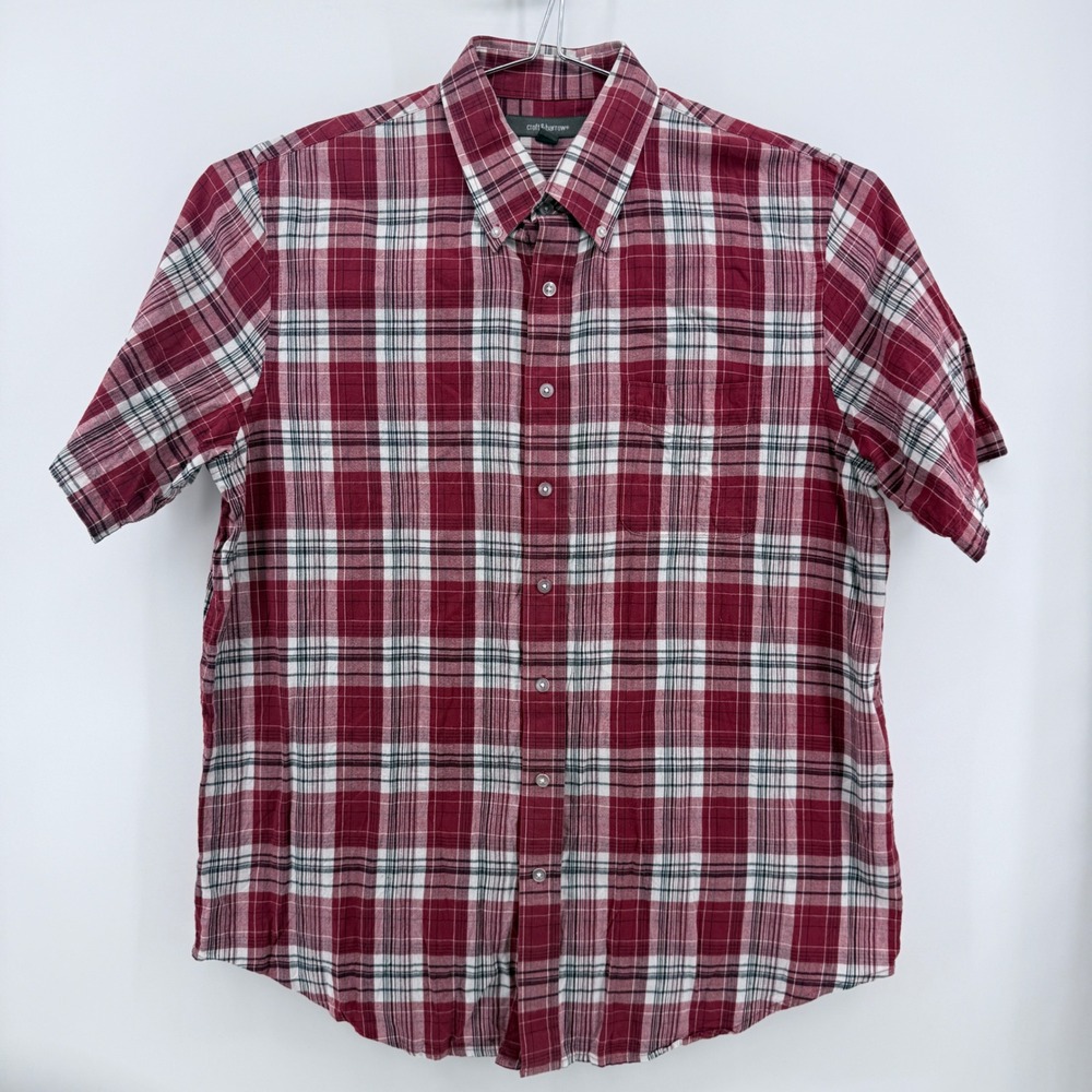 Croft & Barrow Button Down Shirt Mens LT Plaid Cotton Red White Short Sleeve